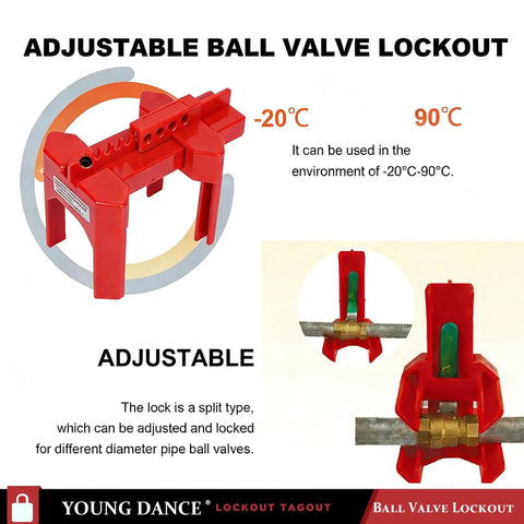 Adjustable Ball Valve Lockout Device For Half Inch To Two And A Half Inch Pipes Red with Temperature Range