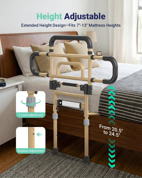 Must-Have 180-Degree Foldable Bed Rail For Seniors With Adjustable Height And Width in bedroom setting, khaki color.
