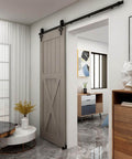 7 Ft Sliding Barn Door Hardware Kit With Floor Guide, Heavy Duty Modern Style, frosted black steel track in home interior