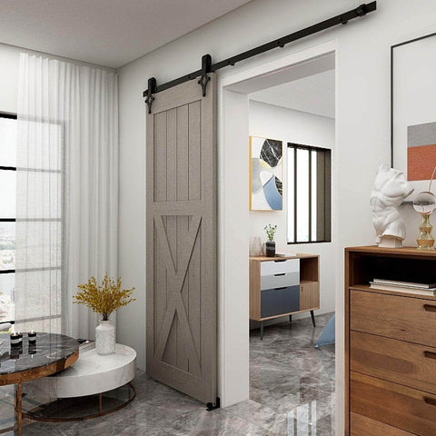 7 Ft Sliding Barn Door Hardware Kit With Floor Guide, Heavy Duty Modern Style, frosted black steel track in home interior