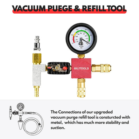 BILITOOLS radiator coolant pressure tester and vacuum refill kit with gauge, red block and brass fittings (28-piece).