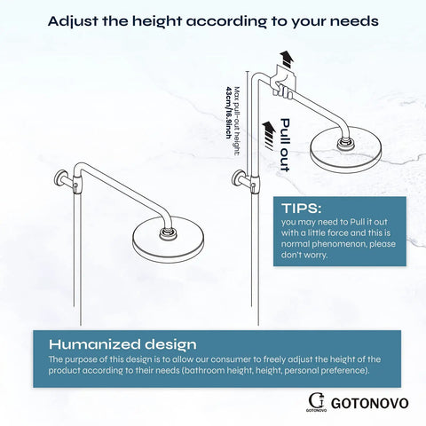 Diagram of Exposed Shower Fixture System With 8 Inch Round Rainfall Shower Head Single Handle Dual Function Faucet Dope Brushed Nickel Finish showing adjustable height feature.