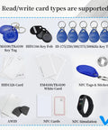 Assorted RFID cards and key fobs including EM4100, HID1346 tags, and NFC simulation, used with All In One Multi Frequency RFID Copier And Reader.