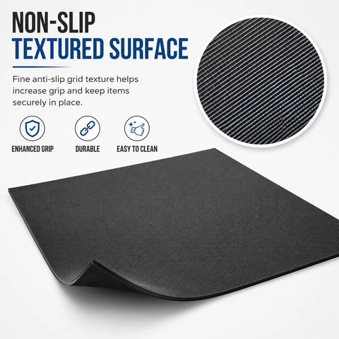 Ultra Grippy Self Adhesive Rubber Pad Sheet Heavy Duty Non Slip Backing Perfect For Diy Gear And Furniture Cushioning Keeping Appliances Rock Solid And Secure In Black with textured surface.