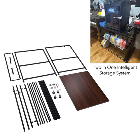 Image of Heavy Duty 3D Printer Stand With Solid Wood Top And Smooth Roll Casters, parts layout for assembly and tools.