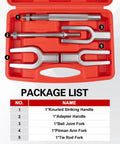 Jiimee 5pc ball joint separator set in red case: striking handle, adapter handle, ball joint fork, pitman arm fork, tie rod fork.