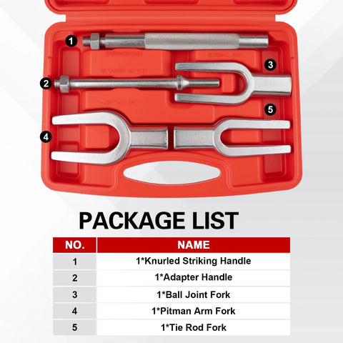 Jiimee 5pc ball joint separator set in red case: striking handle, adapter handle, ball joint fork, pitman arm fork, tie rod fork.