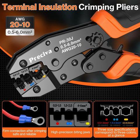 Pro Grade Ratchet Crimping Tool Kit for Insulated Terminals and Wire Connectors AWG20-10 0.5-6mm2 with precision jaws