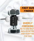 Close-up of Nut And Bolt Thread Checker Tool For Fast, Accurate Standard And Metric Threads, SAE Male Female Gauge Set in use