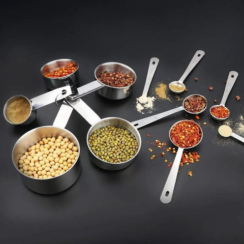 11 Piece Stainless Steel Measuring Spoons And Cups Set With Engraved Metric And Imperial Markings And Stackable Design For Everyday Cooking Baking Dry And Liquid Ingredients Great Gift, stainless cups with spices