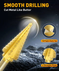Close-up of titanium-coated step drill bit with laser-etched markings, showing 118° split point tip and two straight flutes.
