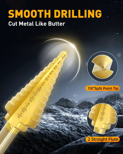 Close-up of titanium-coated step drill bit with laser-etched markings, showing 118° split point tip and two straight flutes.