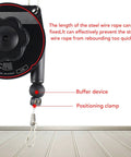 Heavy Duty Tool Balancer With 79 Inch Retractable Cable showing buffer device and positioning clamp details