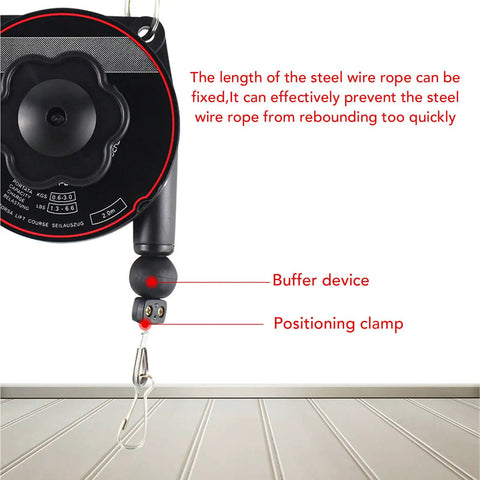 Heavy Duty Tool Balancer With 79 Inch Retractable Cable showing buffer device and positioning clamp details