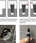Instructions for using Dual Use Screw Extractor For Stripped And Broken Screws, Easy Out Tool For One Half Inch And Three Quarter Inch Water Pipes, Valves And Faucets, Heavy Duty Bolt Remover For Damaged Fasteners with images of extractor in action and diagrams showing insertion and removal process.