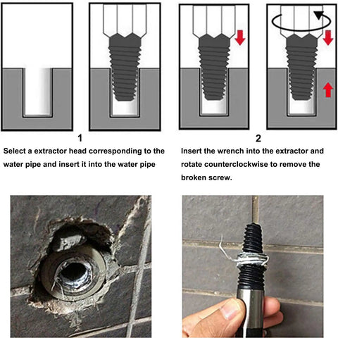 Instructions for using Dual Use Screw Extractor For Stripped And Broken Screws, Easy Out Tool For One Half Inch And Three Quarter Inch Water Pipes, Valves And Faucets, Heavy Duty Bolt Remover For Damaged Fasteners with images of extractor in action and diagrams showing insertion and removal process.