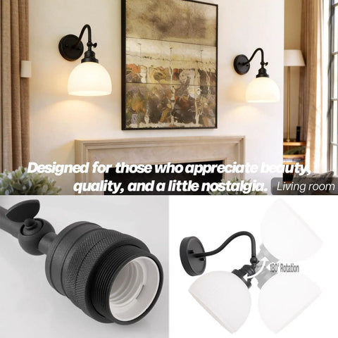SongCiLT Vintage Wall Sconce 1-Light with White Striped Glass Globe Shade mounted in a living room, featuring a black metal arm.