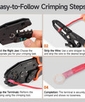Steps to use Ratcheting Crimping Tool Set Eight Piece With Quick Exchange Jaws for crimps and terminal connections.