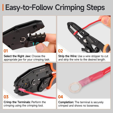Steps to use Ratcheting Crimping Tool Set Eight Piece With Quick Exchange Jaws for crimps and terminal connections.
