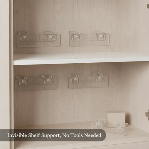 4 Pack Adhesive Mount Shelf Support Brackets Transparent PP Plastic installed in wardrobe cabinet