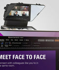 Top Shelf Teleprompter With Bright Built In Screen For Dead Simple Script Reading And Stream Chat Tracking Featuring Drag And Drop Setup Delivers Rock Solid Eye Contact During Remote Calls And Live Broadcasts on a desk showing video call participants.