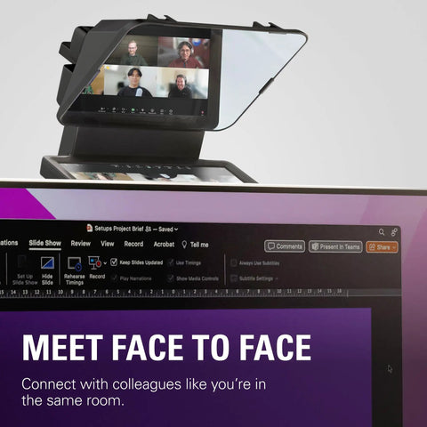 Top Shelf Teleprompter With Bright Built In Screen For Dead Simple Script Reading And Stream Chat Tracking Featuring Drag And Drop Setup Delivers Rock Solid Eye Contact During Remote Calls And Live Broadcasts on a desk showing video call participants.