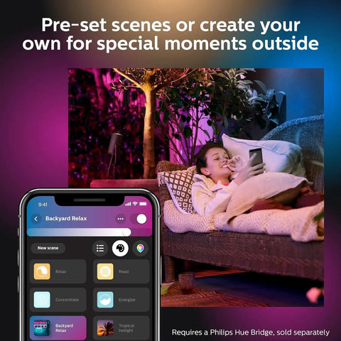 Outdoor Smart LED Spotlight For Color Ambiance, Low Voltage Landscape Lighting, 1 Pack with app control next to cozy patio scene