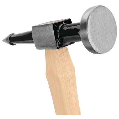 W1013 Pick And Finishing Hammer For Auto Body Work High Carbon Drop Forged Steel Head with wooden handle, closeup view