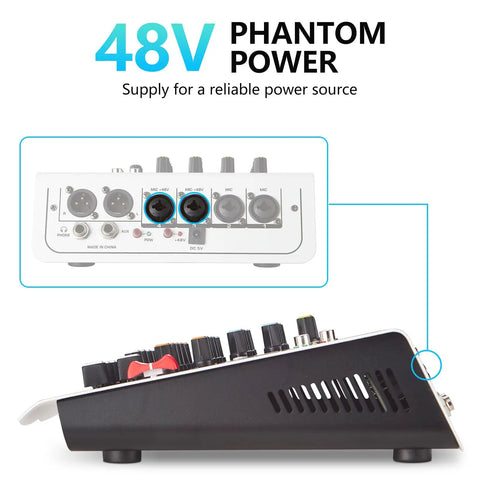 Rear panel view of Six Channel DJ Mixer With USB MP3 Bluetooth Input, Four Mic Preamps, Built In DSP Effects, 48V Phantom Power