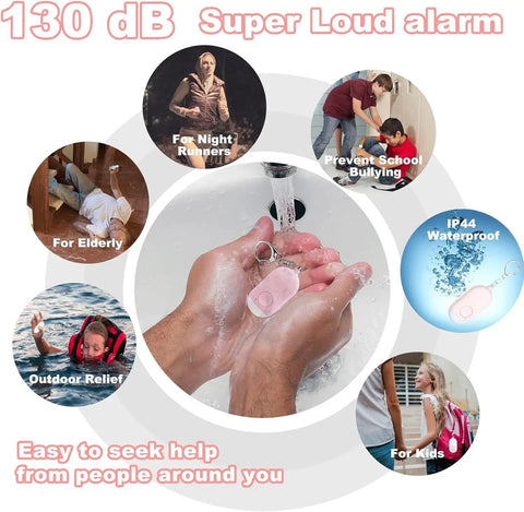 Rechargeable 130dB Personal Safety Alarm With LED Flashlight And Vibration Sensor On A Keychain For Women Men Girls Teens Students And Elderly Black Self Defense Anti Theft Anti Robbery Emergency Safety Device showing waterproof use