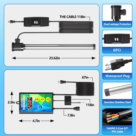 Top Tier 2000 Watt Titanium Immersion Water Heater With Easy Spin Temperature Dial And Built In GFCI Safety Plug showing dimensions and design.