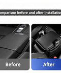 Comparison of Kickass Double Duty Armrest Pad For Tesla Cybertruck Console installation, before and after with Nappa material.