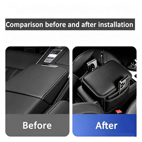 Comparison of Kickass Double Duty Armrest Pad For Tesla Cybertruck Console installation, before and after with Nappa material.