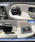 Before and after view of 2 Pack Rear Window Switch Trim Replacement for Escalade Avalanche Silverado Tahoe Sierra and Yukon 2000 to 2002 Gray No Window Switch Included Easy Fit Durable Plastic Cover Keeps Interior Looking Clean.