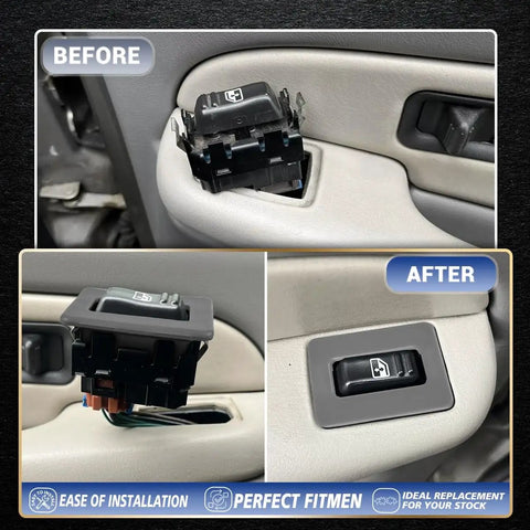 Before and after view of 2 Pack Rear Window Switch Trim Replacement for Escalade Avalanche Silverado Tahoe Sierra and Yukon 2000 to 2002 Gray No Window Switch Included Easy Fit Durable Plastic Cover Keeps Interior Looking Clean.