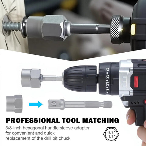 3/8 inch adapter in use with drill for 14 Piece Pro Grade Bolt Extractor Kit With Impact Nut Remover Set And Three Eighths Inch Adapter