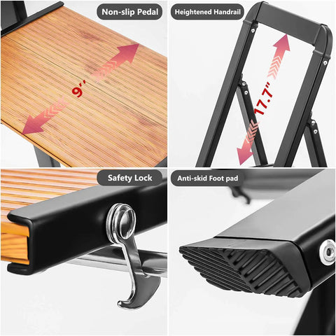 Ultra Lightweight Aluminum 2 Step Folding Step Stool With Handle Compact 8 Pound Ladder In Black And Brown Classic Wood Look details
