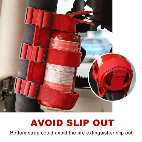Adjustable Fire Extinguisher Holder Strap With American Flag Pattern For Wrangler JK JKU TJ CJ Gladiator Secure Car Mount Keeps Extinguisher From Rolling Under Seats And Slipping In Your Ride visible in vehicle