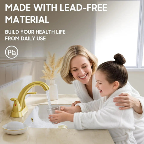 Woman and child using Brushed Gold 4 Inch Centerset Bathroom Faucet With Two Handles, Fits 2 Or 3 Hole Mount, Sturdy Brass Construction.