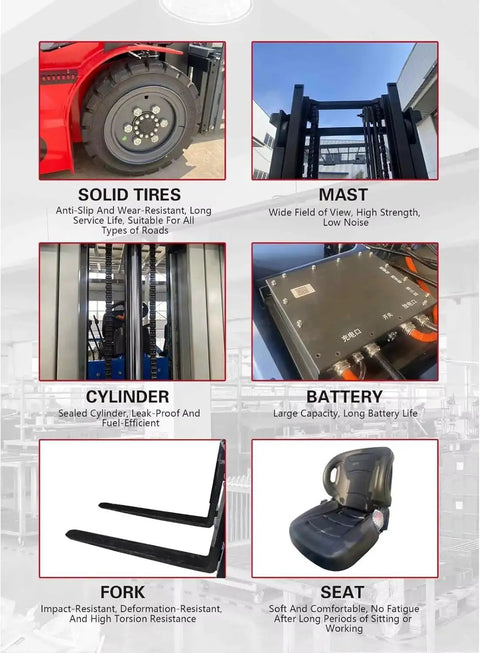 Heavy Duty Electric Forklift For Warehouse Logistics And Dock Loading Featuring Ride On Setup and No Sweat Pallet Handling for Top Shelf Inventory Hustle, solid tires and lifting mast.