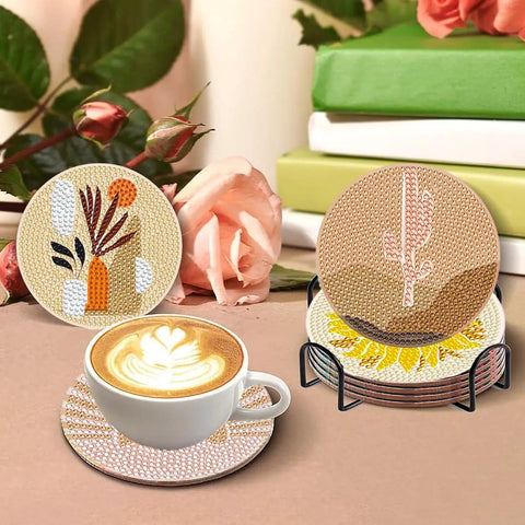 Eight Pack Landscape Diamond Painting Coasters With Holder Complete DIY Kit For Adults Round Full Drill 5D Gem Dots Craft