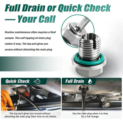 Fix Stripped Threads Instantly With This M14 Piggyback Oil Drain Plug Repair Kit, stainless steel, full drain and quick check
