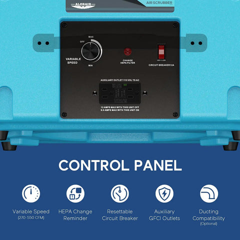 Control panel of Heavy Duty Air Scrubber With Three Stage Filtration And Hepa Clean Shield Tech showing variable speed and features.