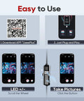 Endoscope Camera With Light 1920P HD Borescope Inspection Tool, 8 Adjustable LEDs, IP67 Waterproof Semi-Rigid Cable, Plug In USB Type C, Lightning, Micro USB For Android, iPhone, And iPad showing app setup and photo controls