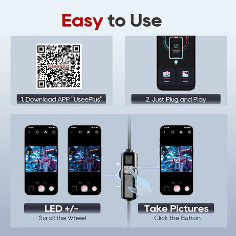 Endoscope Camera With Light 1920P HD Borescope Inspection Tool, 8 Adjustable LEDs, IP67 Waterproof Semi-Rigid Cable, Plug In USB Type C, Lightning, Micro USB For Android, iPhone, And iPad showing app setup and photo controls