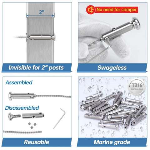 Completely Hidden One Eighth Inch Cable Railing Kit with Swageless Tensioners and Round Head Terminals for 2x2 Metal Post Decks and Stairs