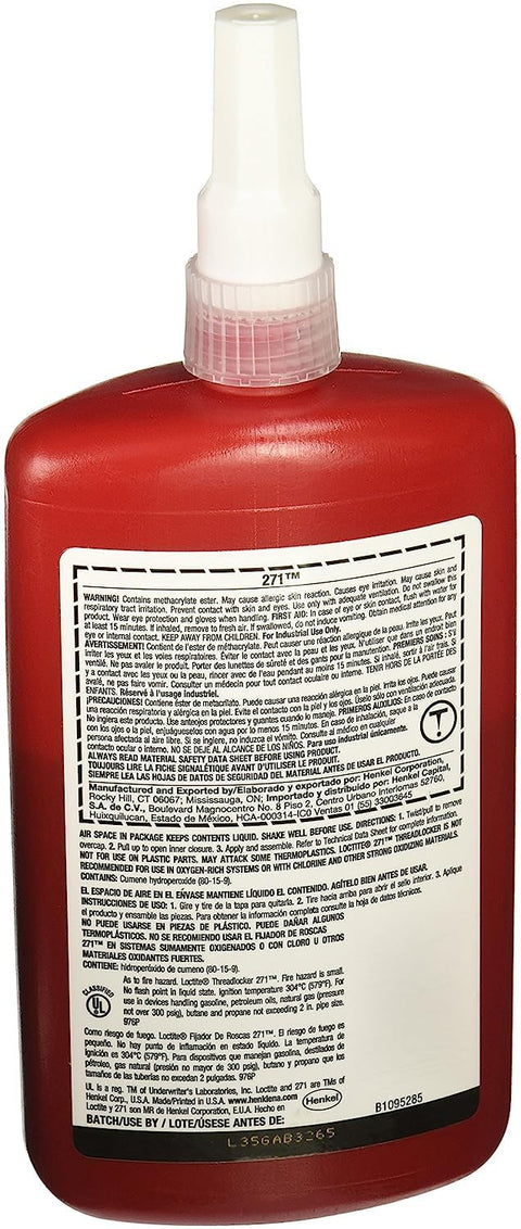 Back view of Heavy Duty Red Threadlocker Adhesive, High Strength, Low Viscosity Methacrylate, UV Fluorescent For Easy Inspection, 250 Ml Bottle