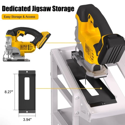 Heavy Duty Metal Circular Saw Holder Wall Mount And 3 Tier Tool Organizer with dedicated jigsaw storage slot on rack.