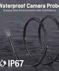 Endoscope Borescope With Light For Auto And Home Repairs Shop Grade Waterproof Fiber Optic Camera With 8 LED Lights Thirty To Eighty Millimeter Focus Flexible Snake Cable Great For Engine Wall Vent And Wire Checks showing IP67 waterproof rating and coiled design in wet conditions