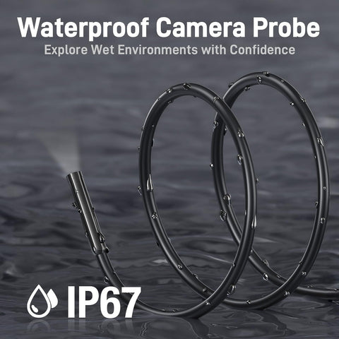 Endoscope Borescope With Light For Auto And Home Repairs Shop Grade Waterproof Fiber Optic Camera With 8 LED Lights Thirty To Eighty Millimeter Focus Flexible Snake Cable Great For Engine Wall Vent And Wire Checks showing IP67 waterproof rating and coiled design in wet conditions